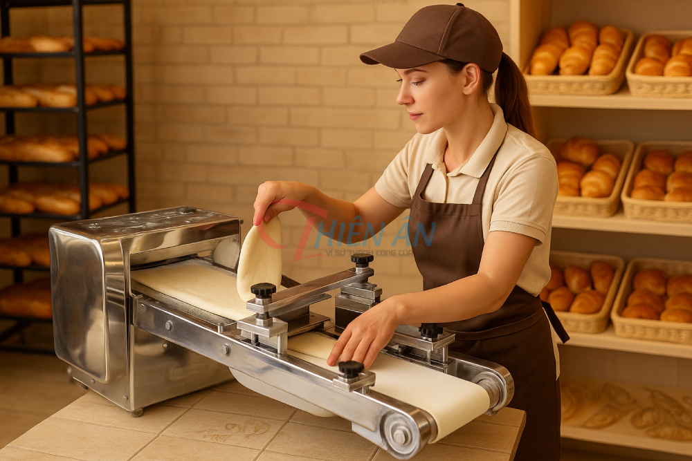 Máy se bột 1 băng tải 2 bàn ép hoạt động trong tiệm bánh nhỏ