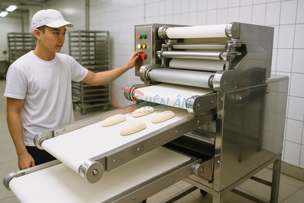 Máy se bột 3 băng tải công suất lớn đang hoạt động trong xưởng bánh