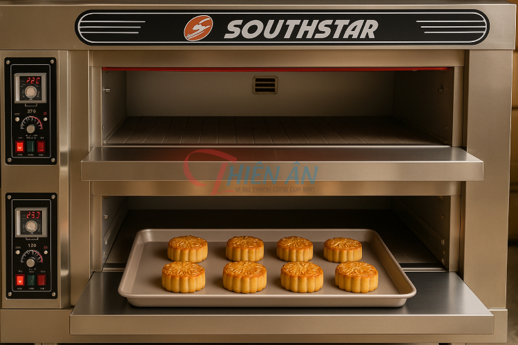 Nướng bánh trung thu bằng lò nướng Southstar 2 tầng 4 khay.